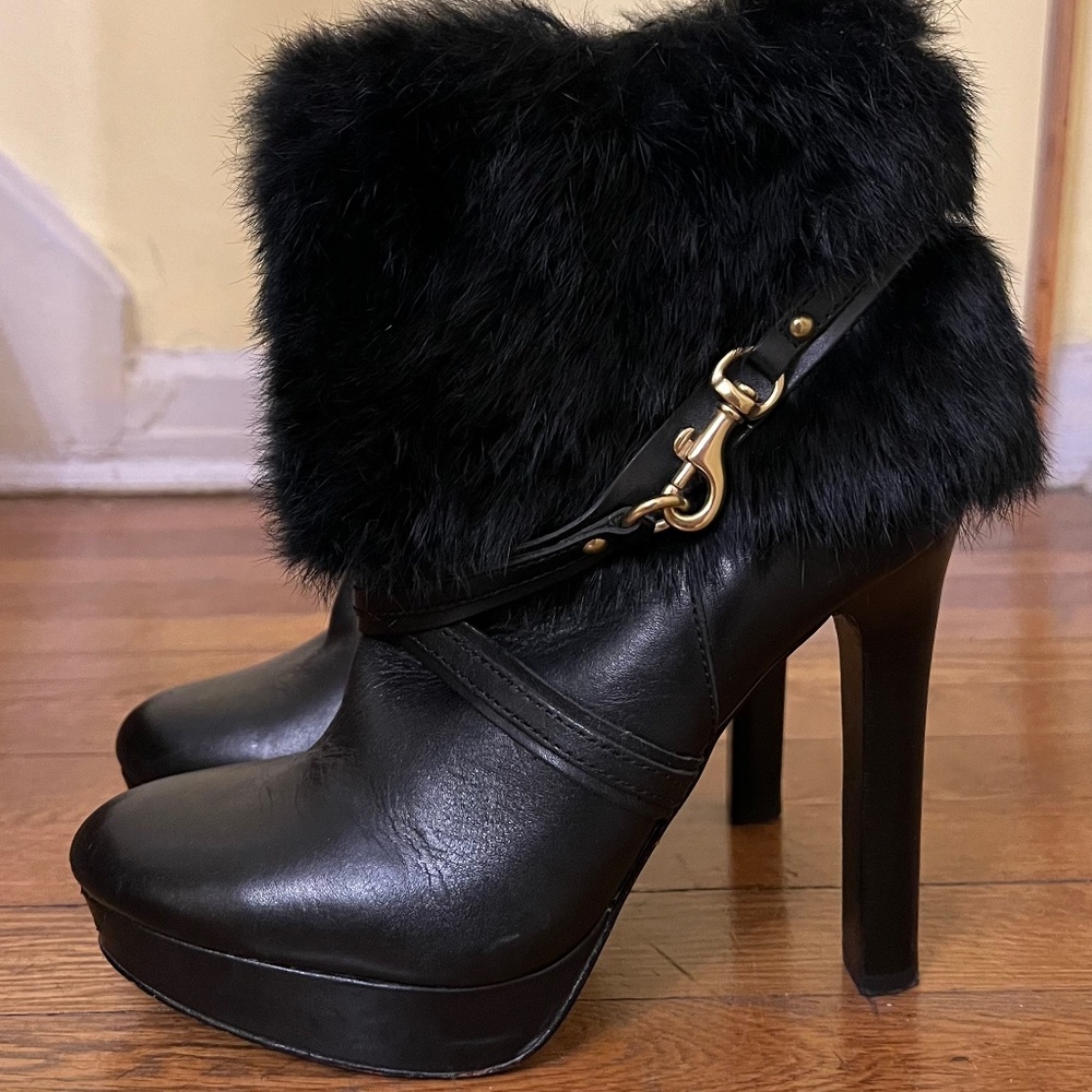 COACH Athena fur boots leather boot real RABBIT fur vintage boot Ankle Boot